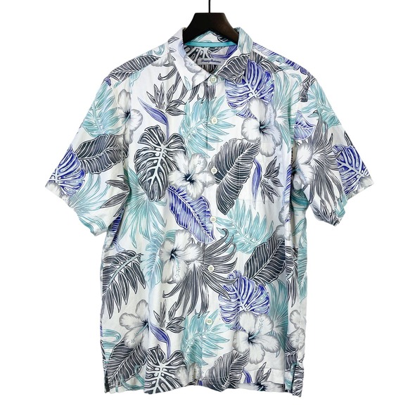Tommy Bahama (L) Mens Silk Cotton Hibiscus Hawaiian Button Up Shirt Blue White - Picture 1 of 10